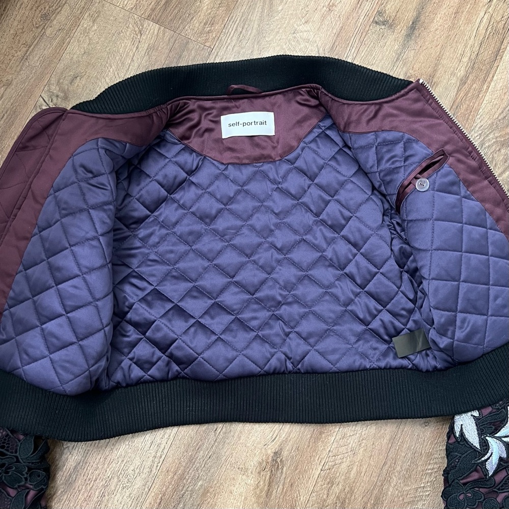 Self-Portrait Black Bomber Jacket with White Floral Embroidery and Burgundy Trim - Picture 11 of 12